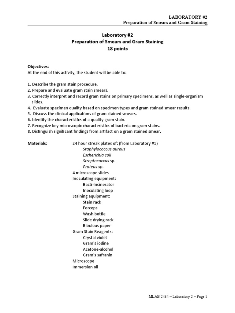 Lab 02 Preparation of Smears and Gram Staining PDF Staining
