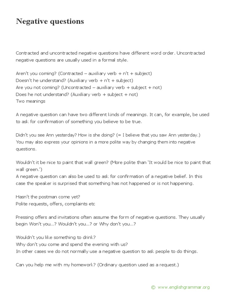 Negative Questions Grammar PDF