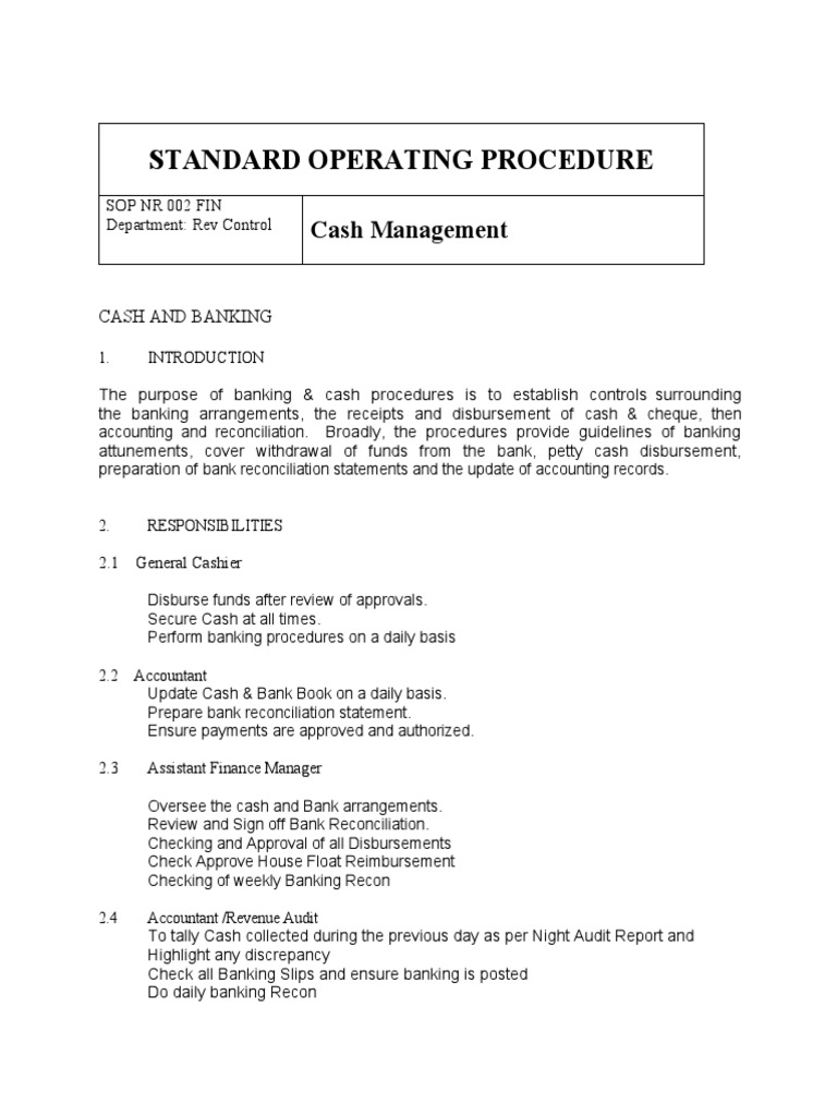 Cash Management SOP for Banking Procedures | PDF | Float (Money Supply ...