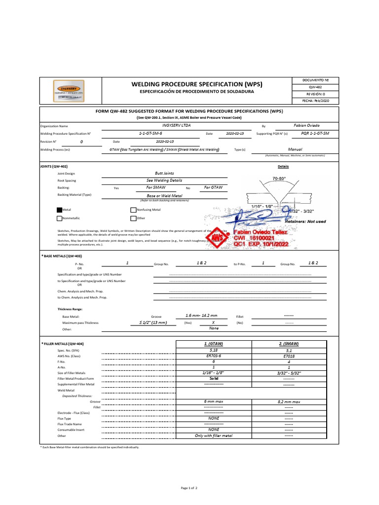 WPS 1-1-GT-SM-6 Rev. 0 | PDF | Welding | Construction