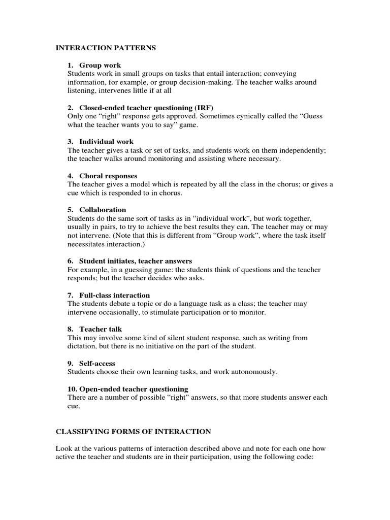Classroom Interaction Patterns Explained | PDF