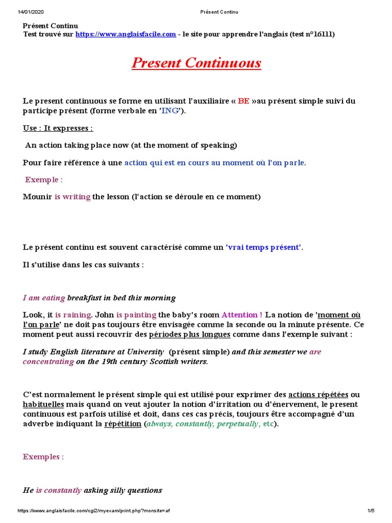 Quand Utiliser Le Présent Continu En Anglais Présent Continu PDF | PDF | Grammaire | Mécanique du langage