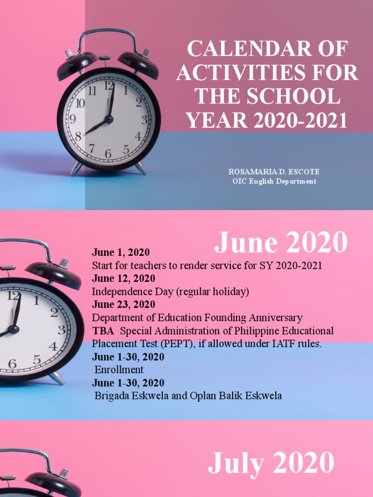 Calendar Of Activities For The School Year 21 Learning Behavior Modification