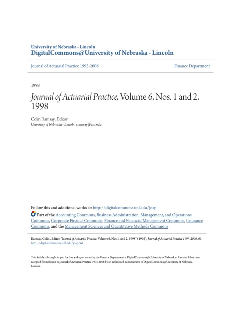 レム -ウエディングドレス- 1/7 I - Journal of Actuarial Practice - I - Volume 6 Nos. 1 and 2 199