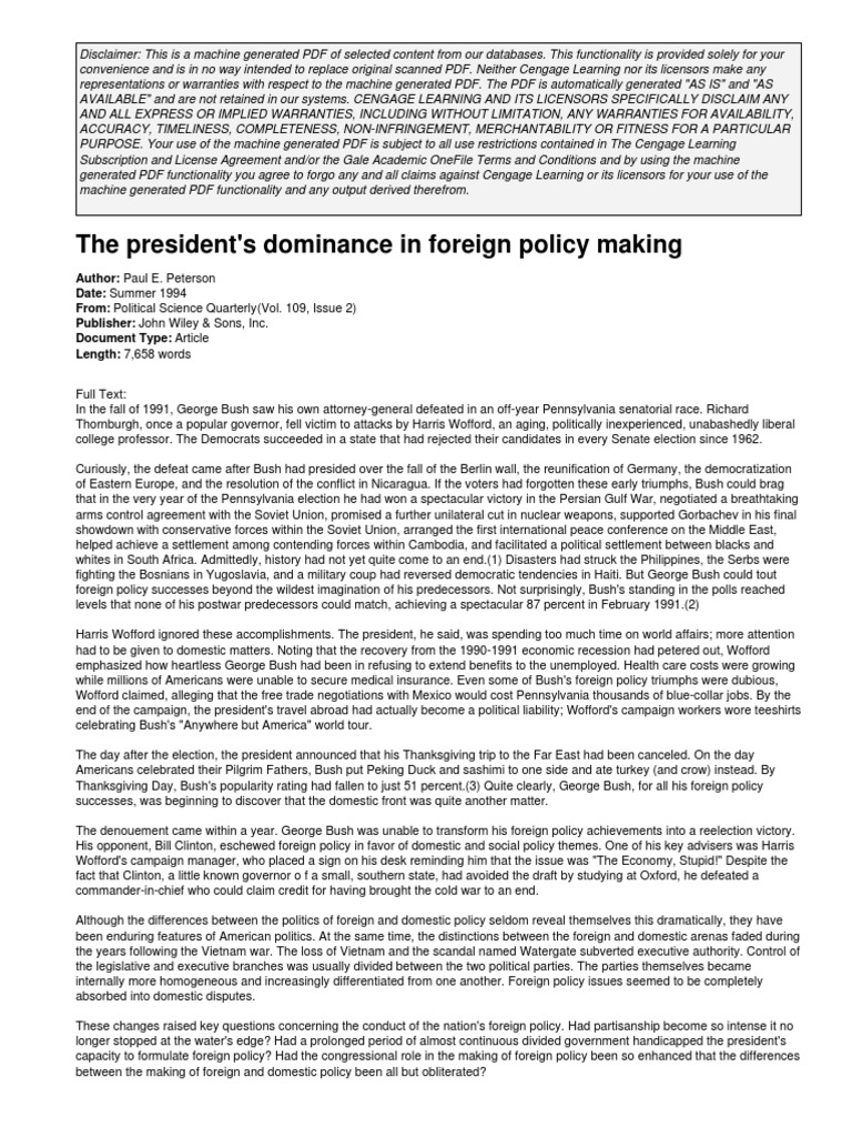 The Presidents Dominance in Foreign Policy Making PDF United States