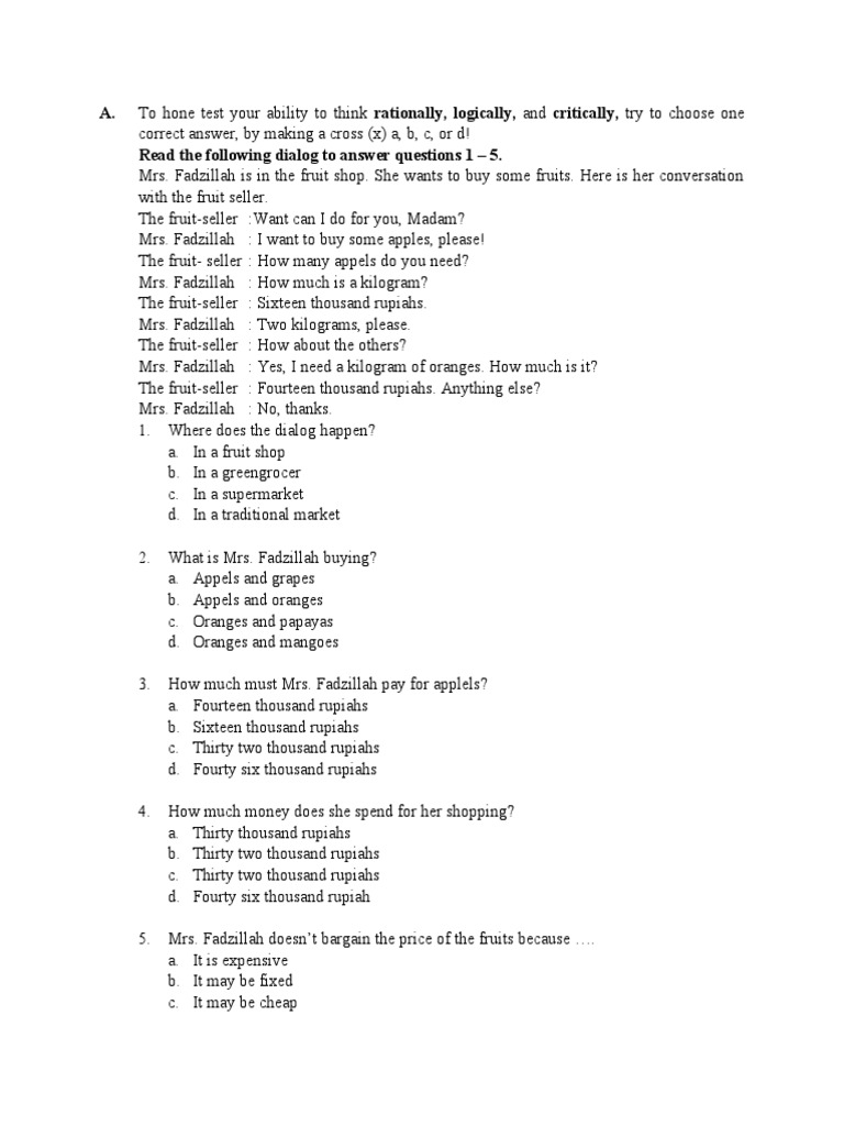 A. Read The Following Dialog To Answer Questions 1 - 5 | PDF | Foreign ...