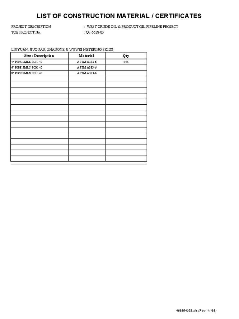 Construction Materials List for Pipeline Project | PDF | Science ...