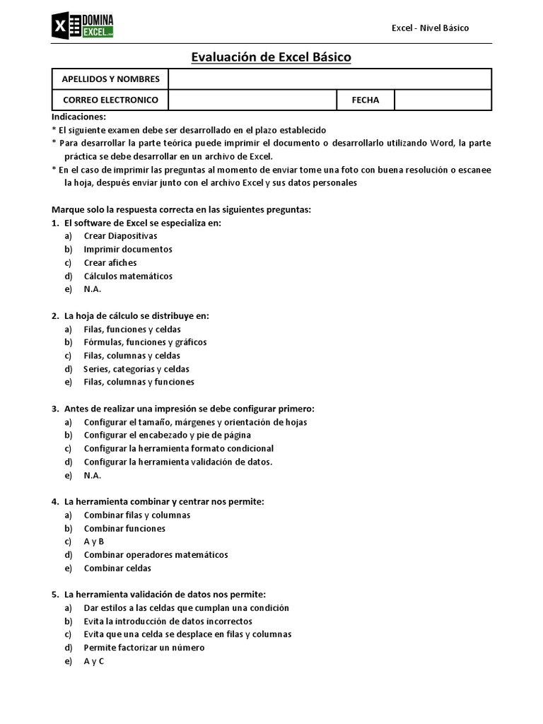 Examen Básico de Excel | PDF | Microsoft Excel | Informática