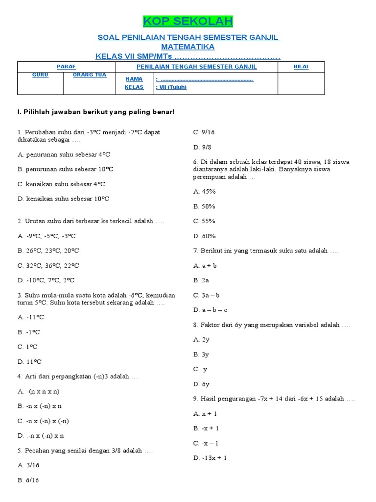 kisi kisi soal pts matematika kelas 7 semester 2 kurikulum 2013