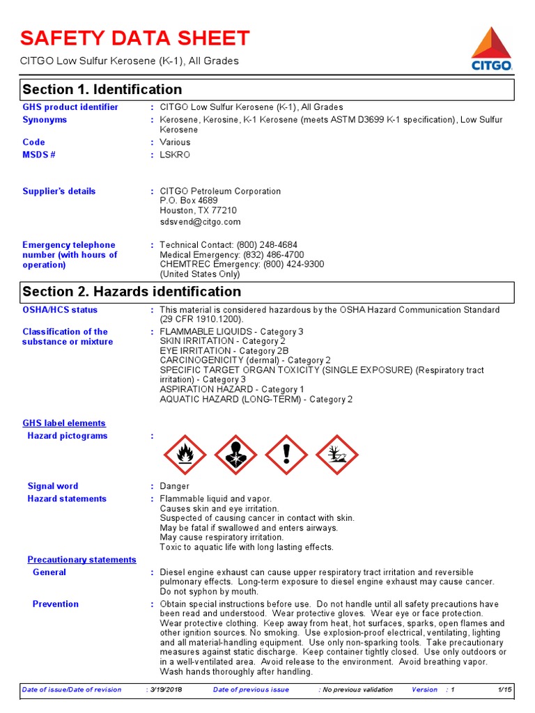 Sds Kerosene PDF Safety Chemistry