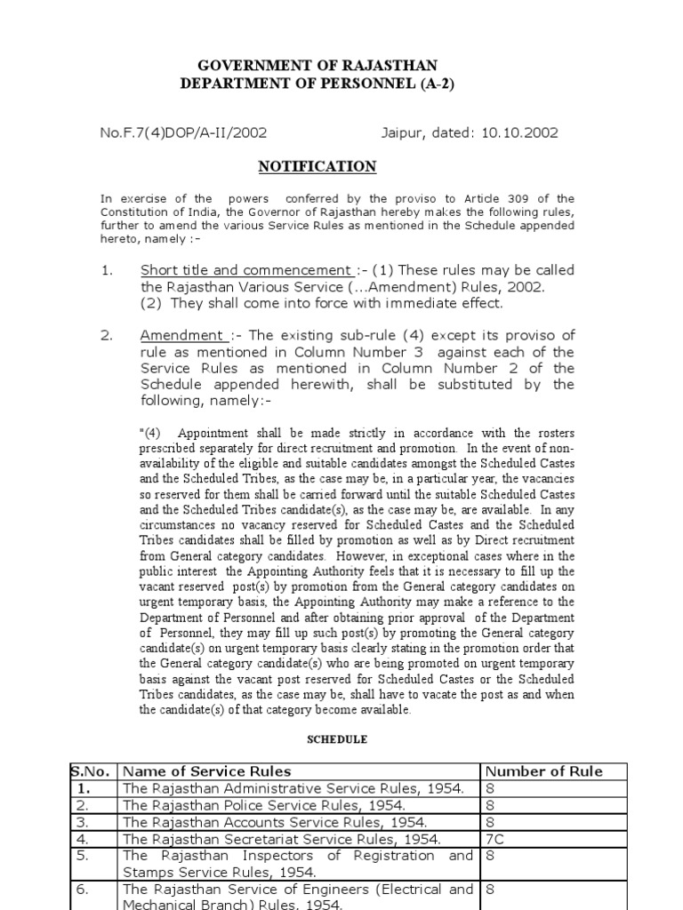 Rajasthan Service Rules Amendment 2002 | PDF | Government