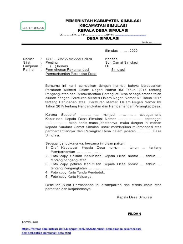 Surat Permohonan Rekomendasi Pemberhentian Perangkat Desa Karena Habis