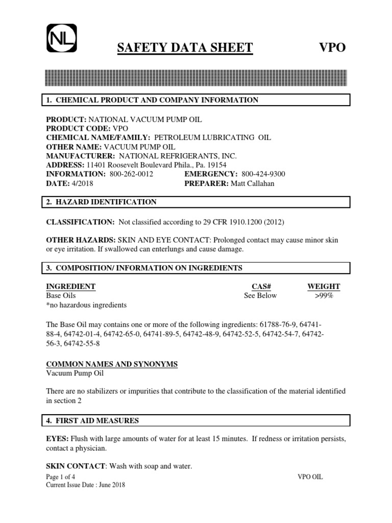 SDS Vacuum Pump Oil PDF Personal Protective Equipment Chemistry