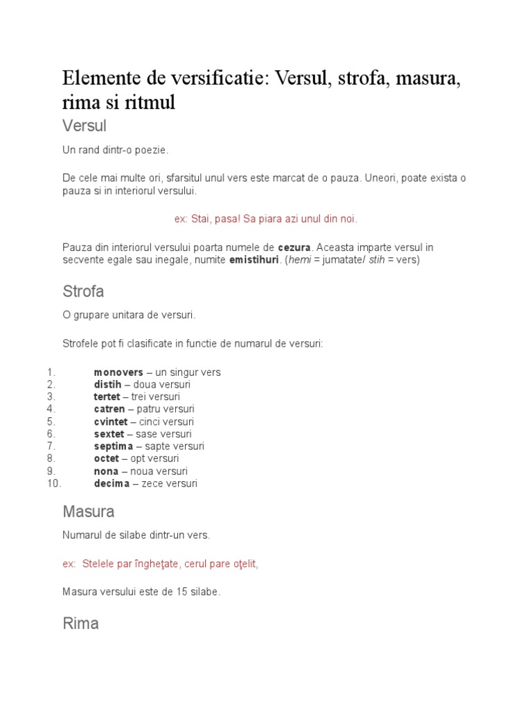 Elemente de Versificatie: Versul, Strofa, Masura, Rima Si Ritmul | PDF
