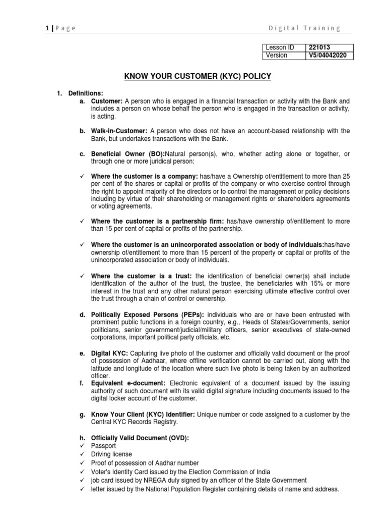 Know Your Customer (Kyc) Policy: Digital Training | PDF | Money ...