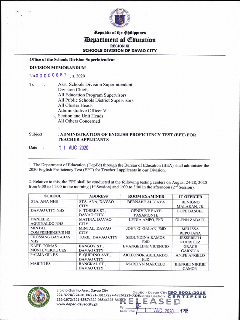 2020 DM No. 887 ADMINISTRATION OF ENGLISH PROFICIENCY TEST EPT FOR ...