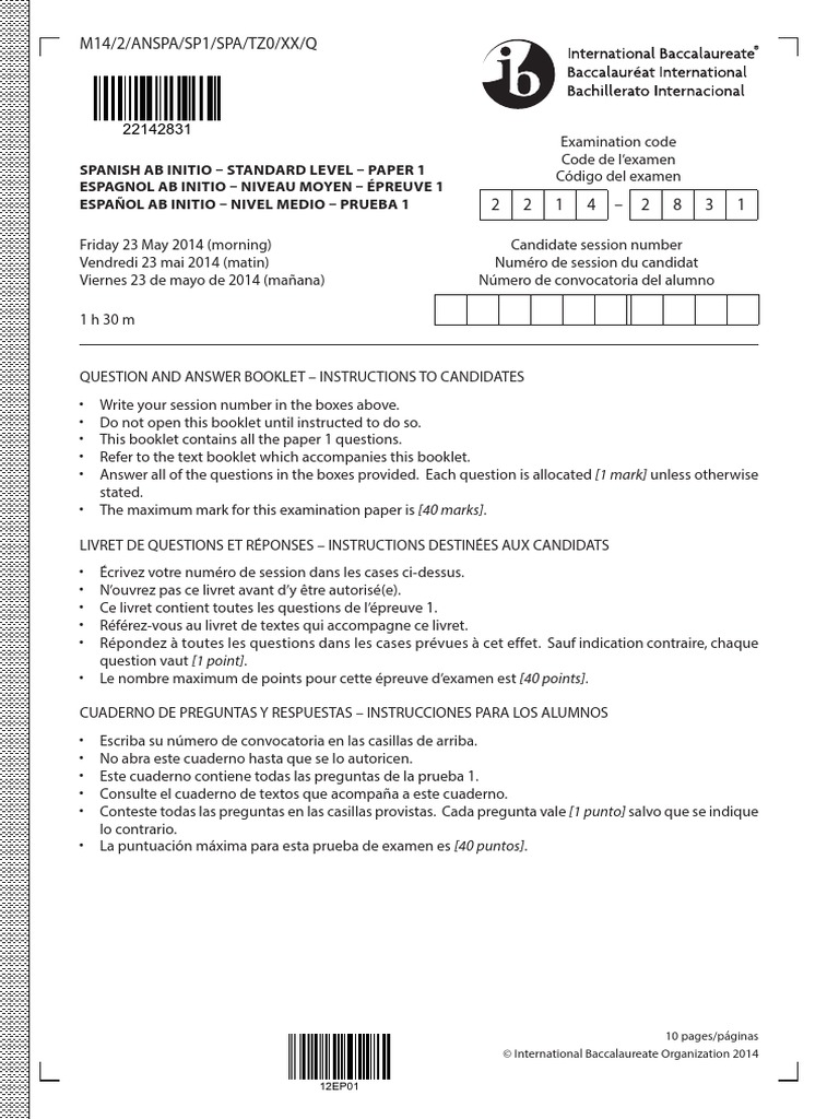 2014 May Spanish - Ab - Initio - Paper - 1 - Question - Booklet - SL ...