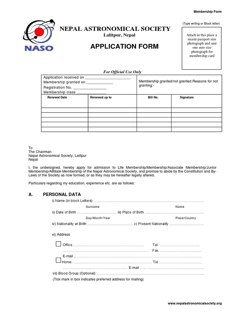 Nepal Astronomical Society Membership Form | PDF | Social Institutions ...