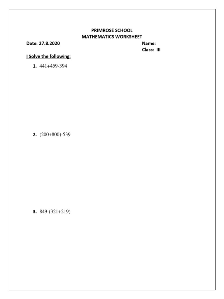 Class 3 - Maths Worksheet - 28.8.2020 PDF | PDF