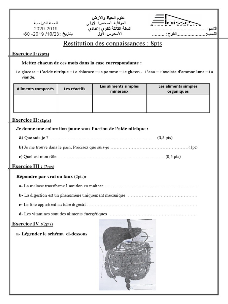 Devoir Svt La Digestion Des Aliments Correction Pdf