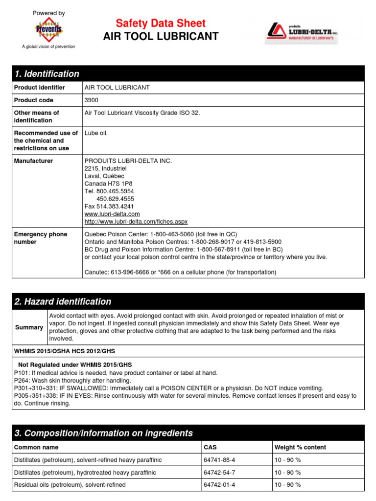 Air Tool Lubricant Safety Data Sheet PDF Toxicity Dangerous Goods