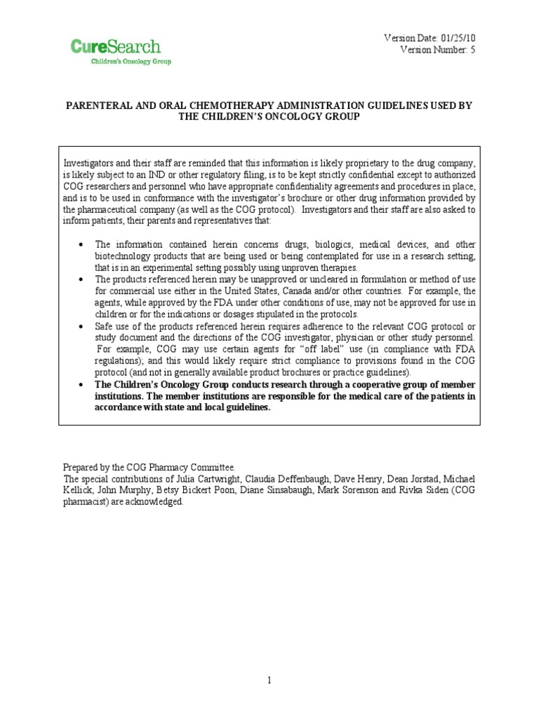 COG Chemo Admin Guidelines PDF Intravenous Therapy Magnesium