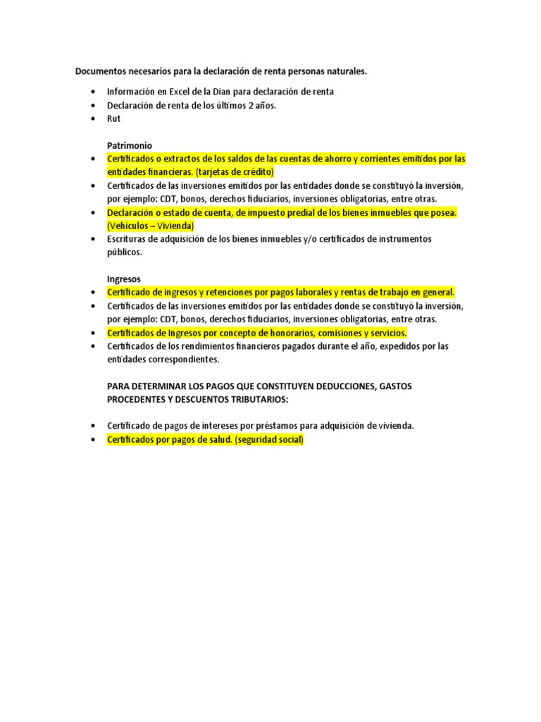 Documentos Necesarios para La Declaración de Renta Personas Naturales ...