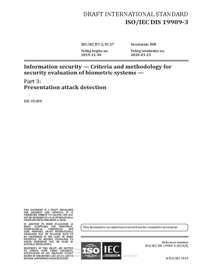DIS 199893 Criteria and Methodology For Security Evaluation of Biometric Systems Download