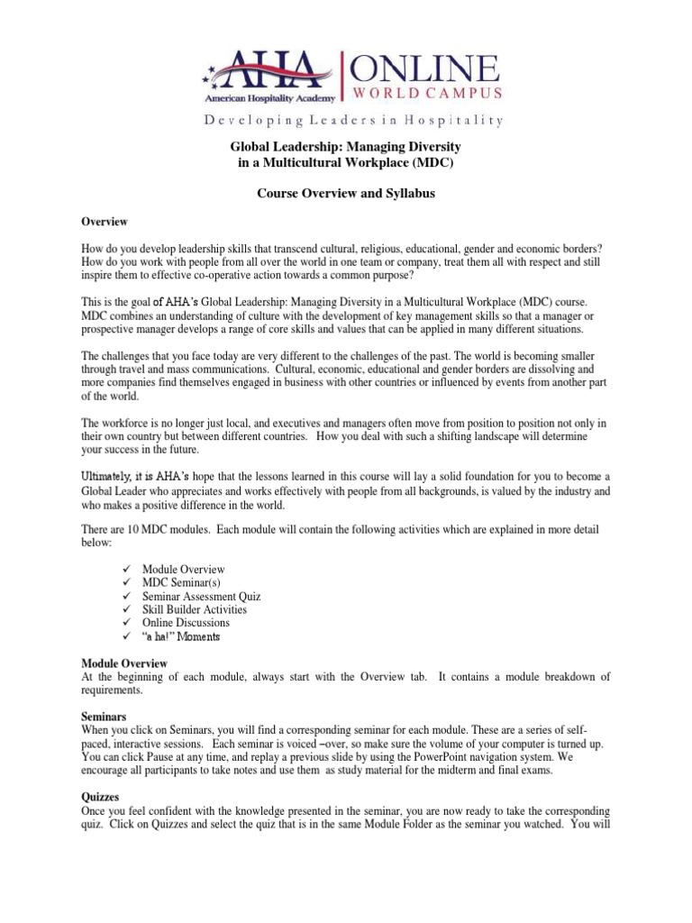 Global Leadership: Managing Diversity in A Multicultural Workplace (MDC ...