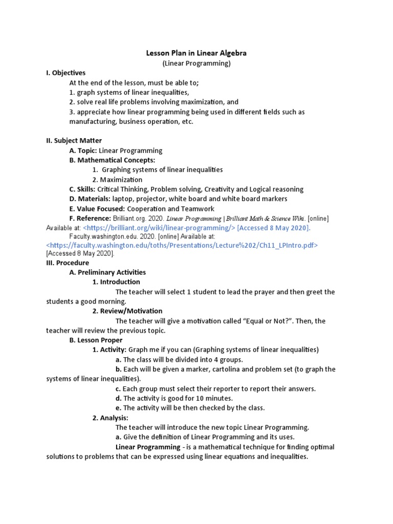 Sample Lesson Plan in Linear Programming | PDF | Mathematical ...
