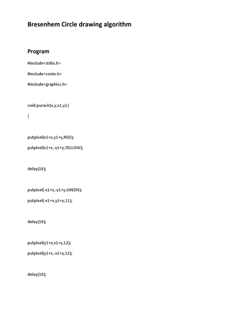 Bresenhem Circle Drawing Algorithm: Program | PDF