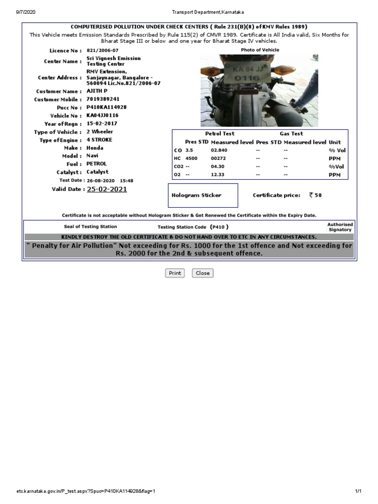 Vehicle Emission Test Certificate for Honda Navi Motorcycle Meeting