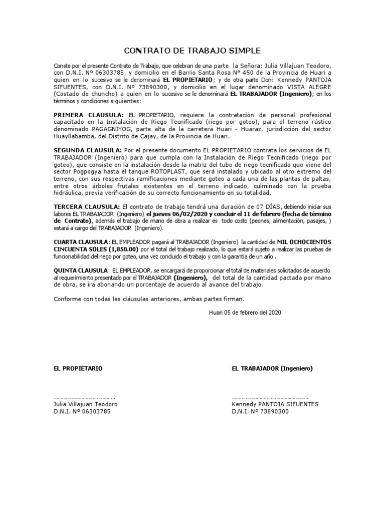 Modelo de Contrato de Trabajo Simple | PDF | Finanzas y dinero