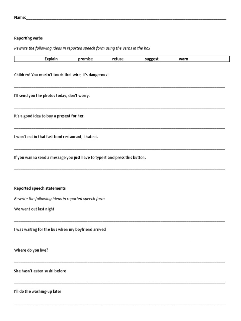 Rewrite The Following Ideas in Reported Speech Form Using The Verbs in ...