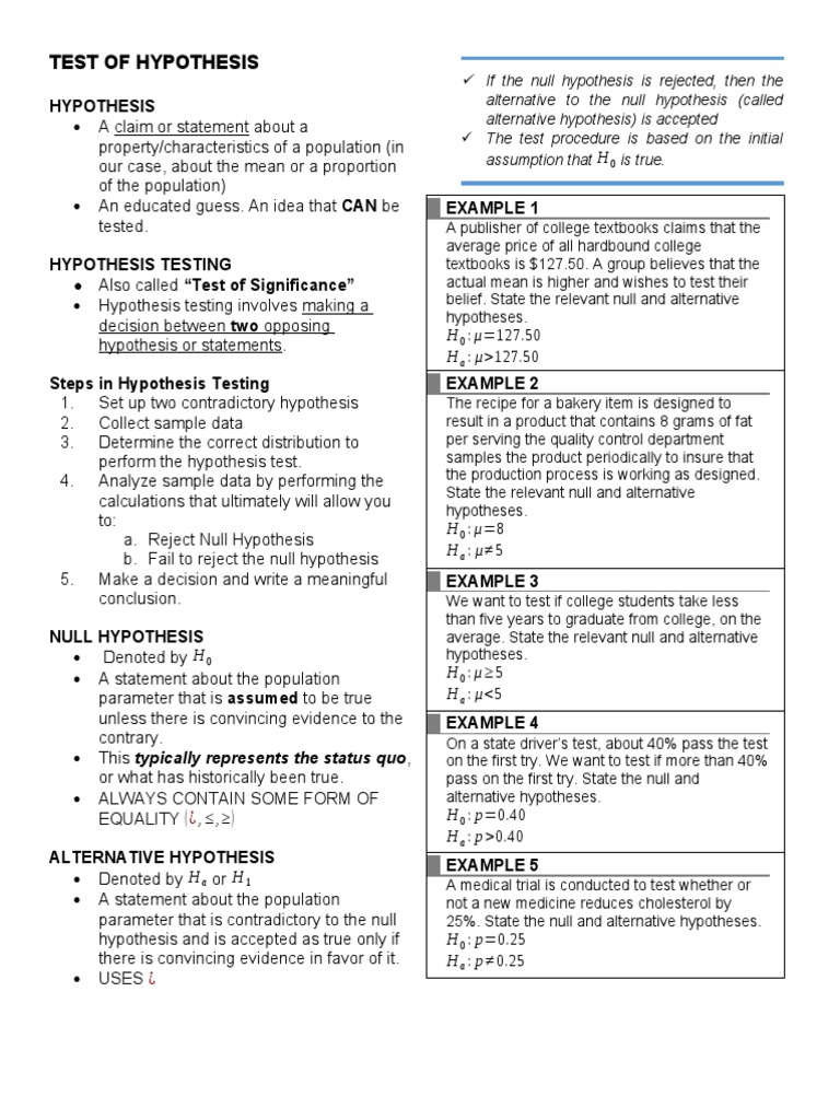 Test Of Hypothesis Pdf Type I And Type Ii Errors Statistical Hypothesis Testing