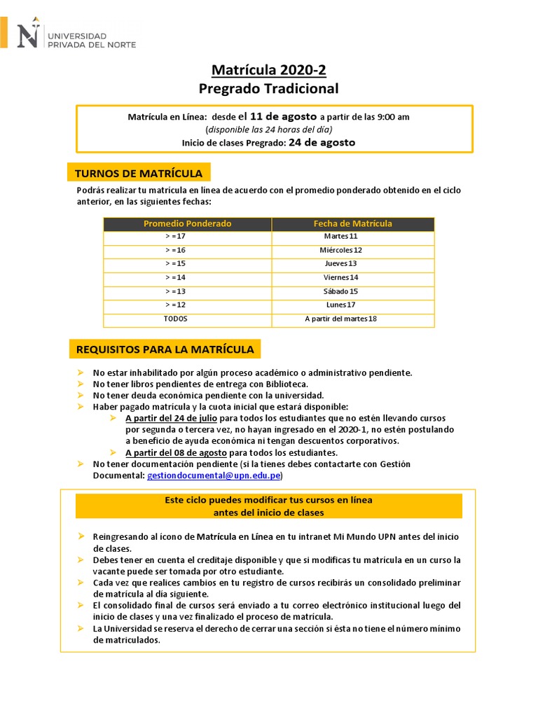 UPN Información Sobre Matrícula 2020 2 PG (LIMA) 29 07 2020 | PDF ...
