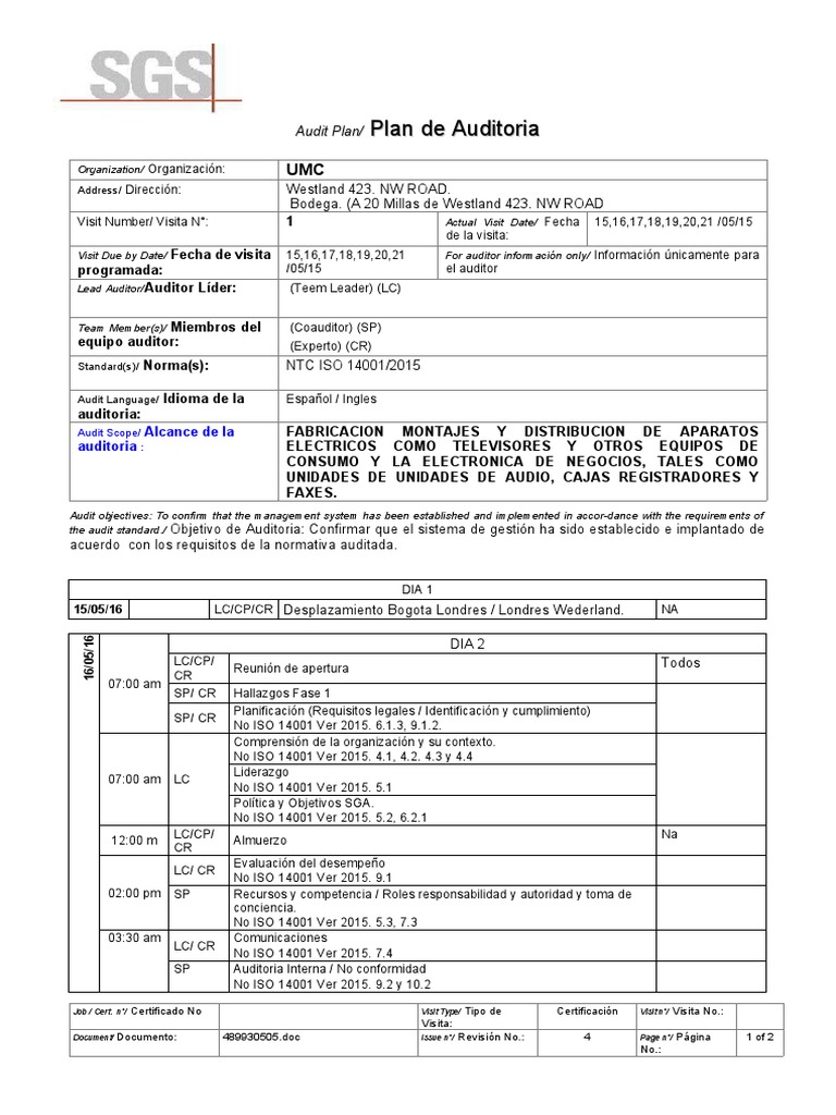 PLAN DE AUDITORIA ISO 14001 2015 Ejemplo | PDF | Auditoría | Reglas