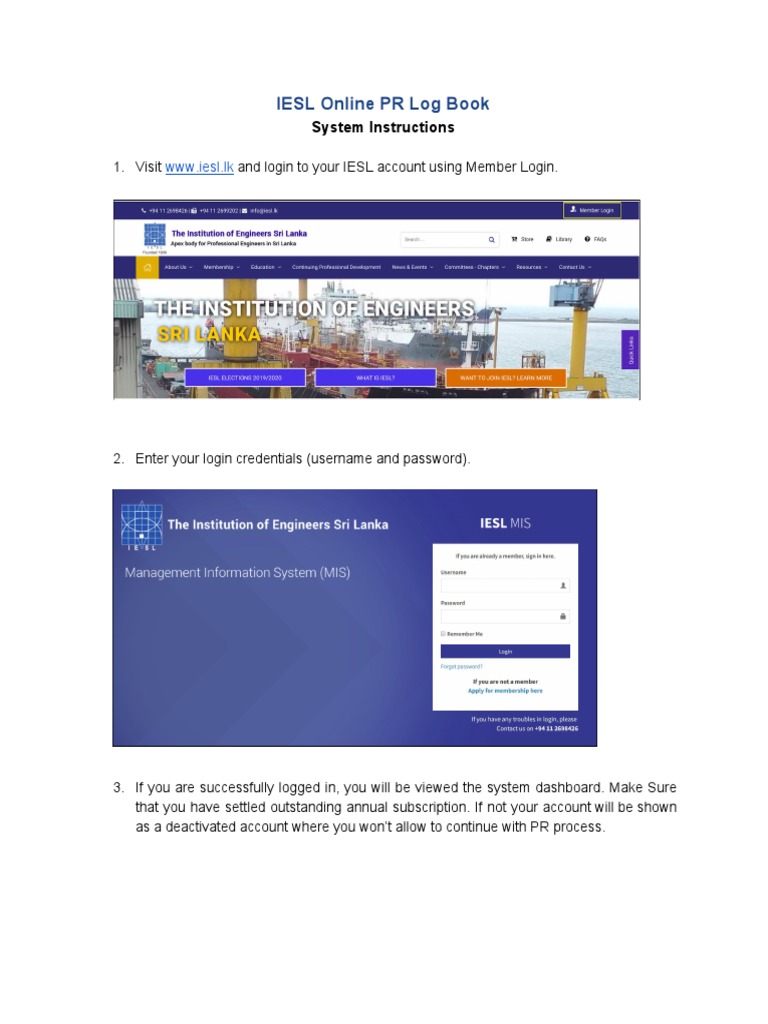 IESL Online PR Log Book System Instructions PDF Login System