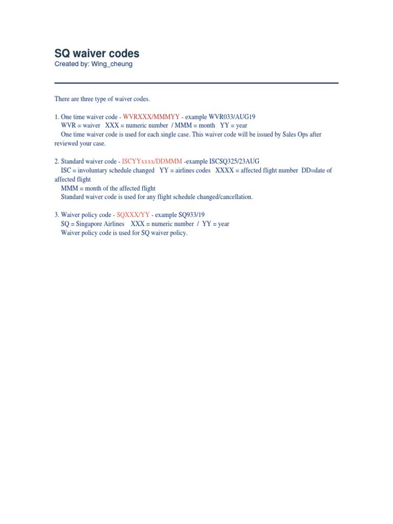 SQ Waiver Codes