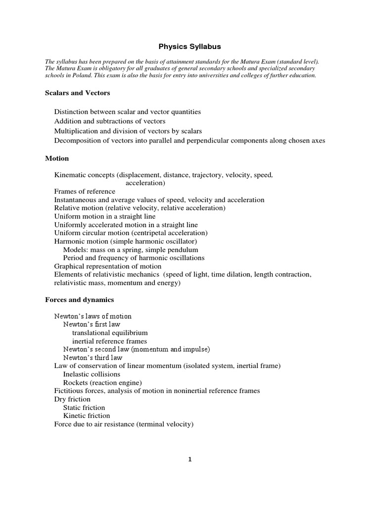 Physics Syllabus PDF Optics Force