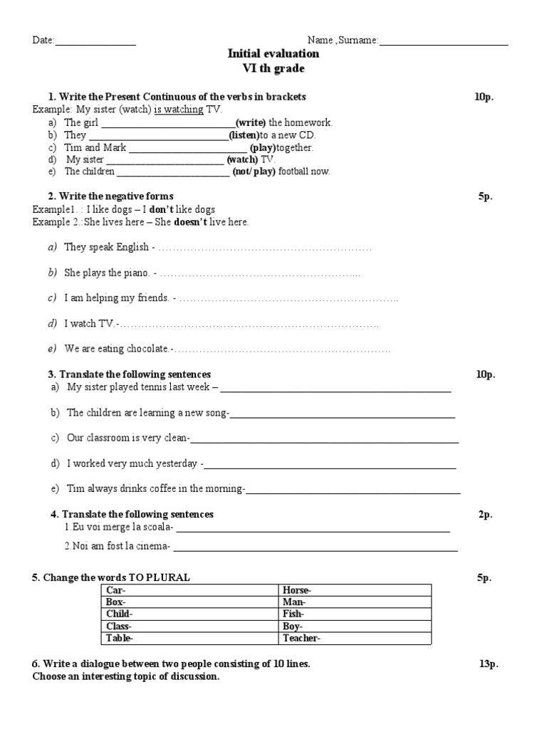 VI Grade English Initial Evaluation Test | PDF | Morphology ...