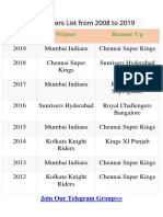 IPL Winners List From 2008 To 2019