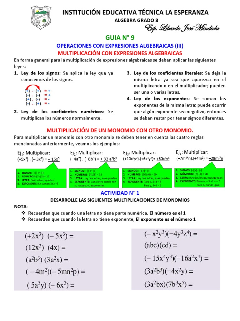 Multiplicación de Expresiones Algebraicas | PDF | Multiplicación ...