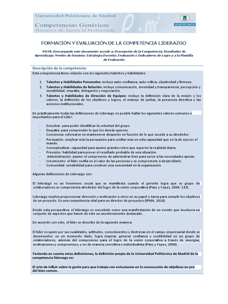 DESARROLLO Y EVALUACION DE COMPETENCIAS - Liderazgo | PDF | Liderazgo ...