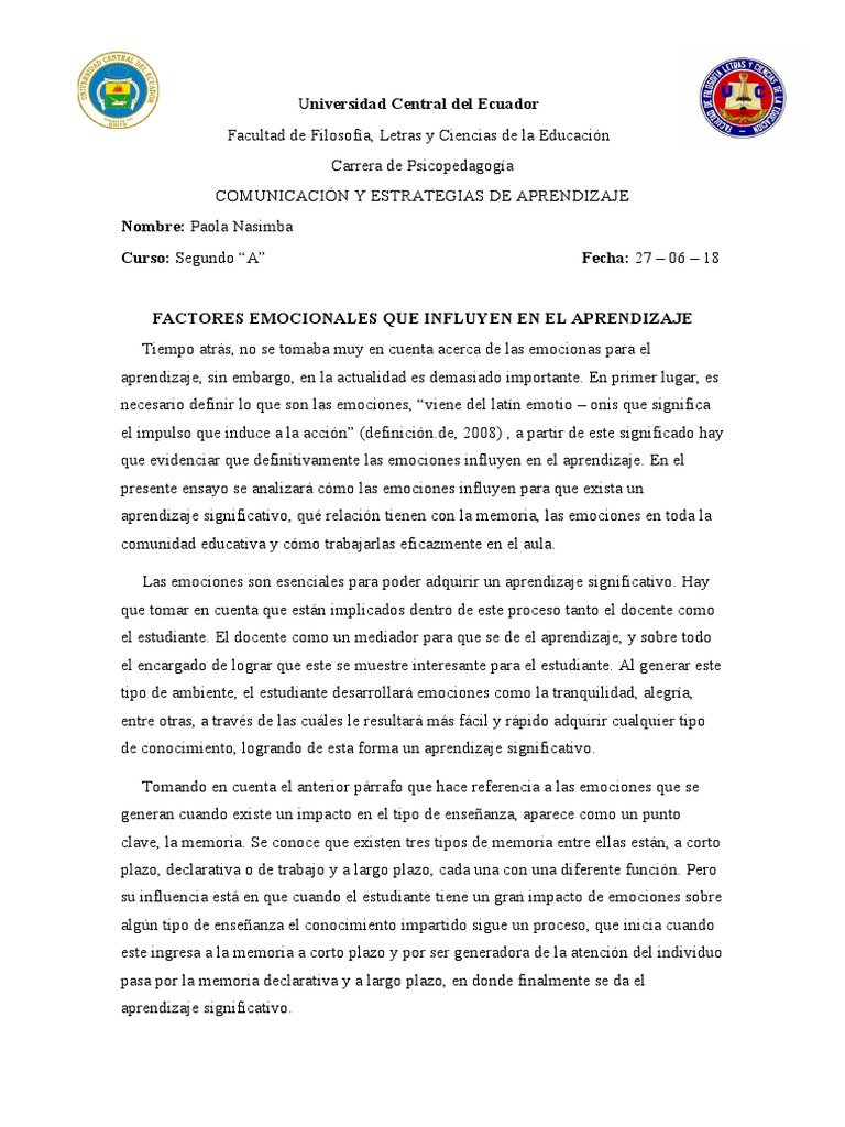 Influencia de las emociones en el aprendizaje | PDF | Las emociones ...