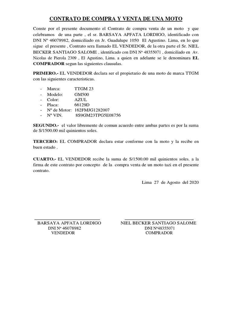 Contrato de Compra Venta de Moto TTGM | PDF | Negocios | Finanzas y dinero