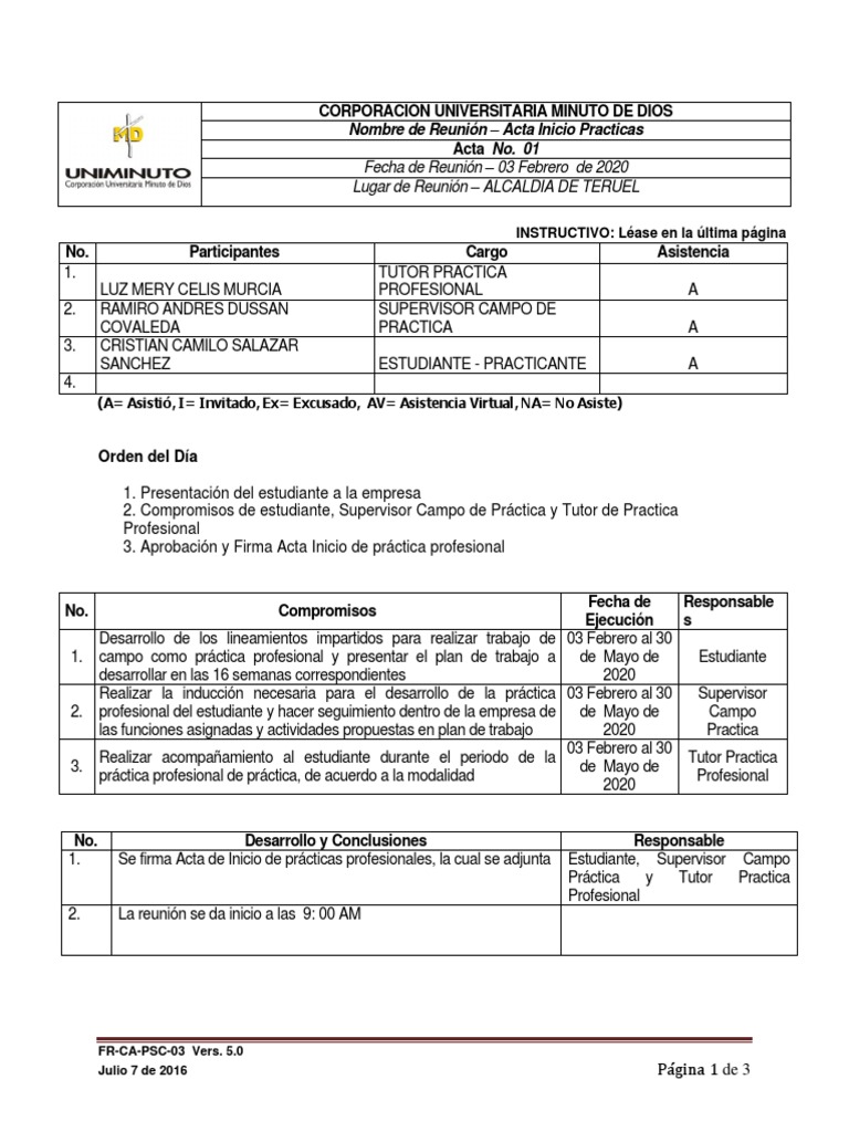 Acta de Inicio de Prácticas 2020 | PDF