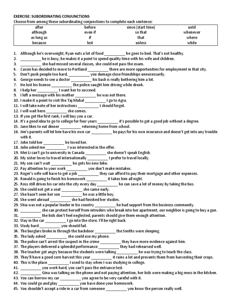 Subordinating Conjunctions (Exercise) PDF