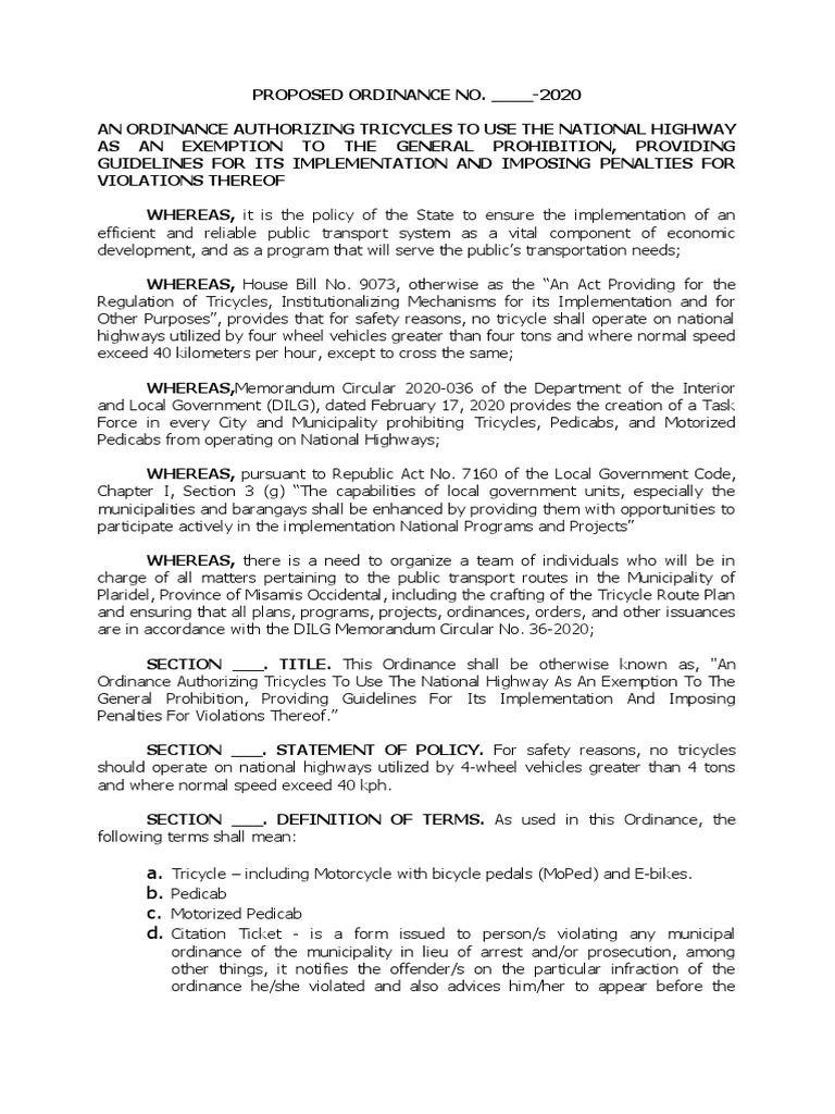 Proposed Tricycle Route Plan Ordinance PDF Highway Traffic