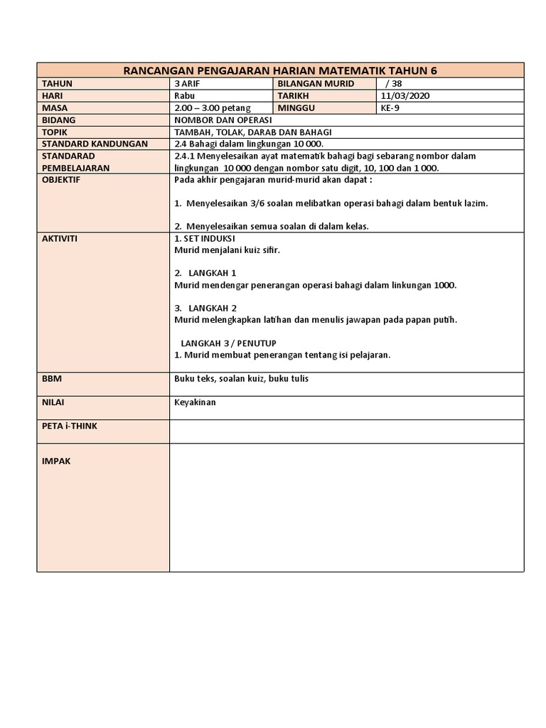 Rancangan Pengajaran Harian Matematik Tahun 6 Pdf